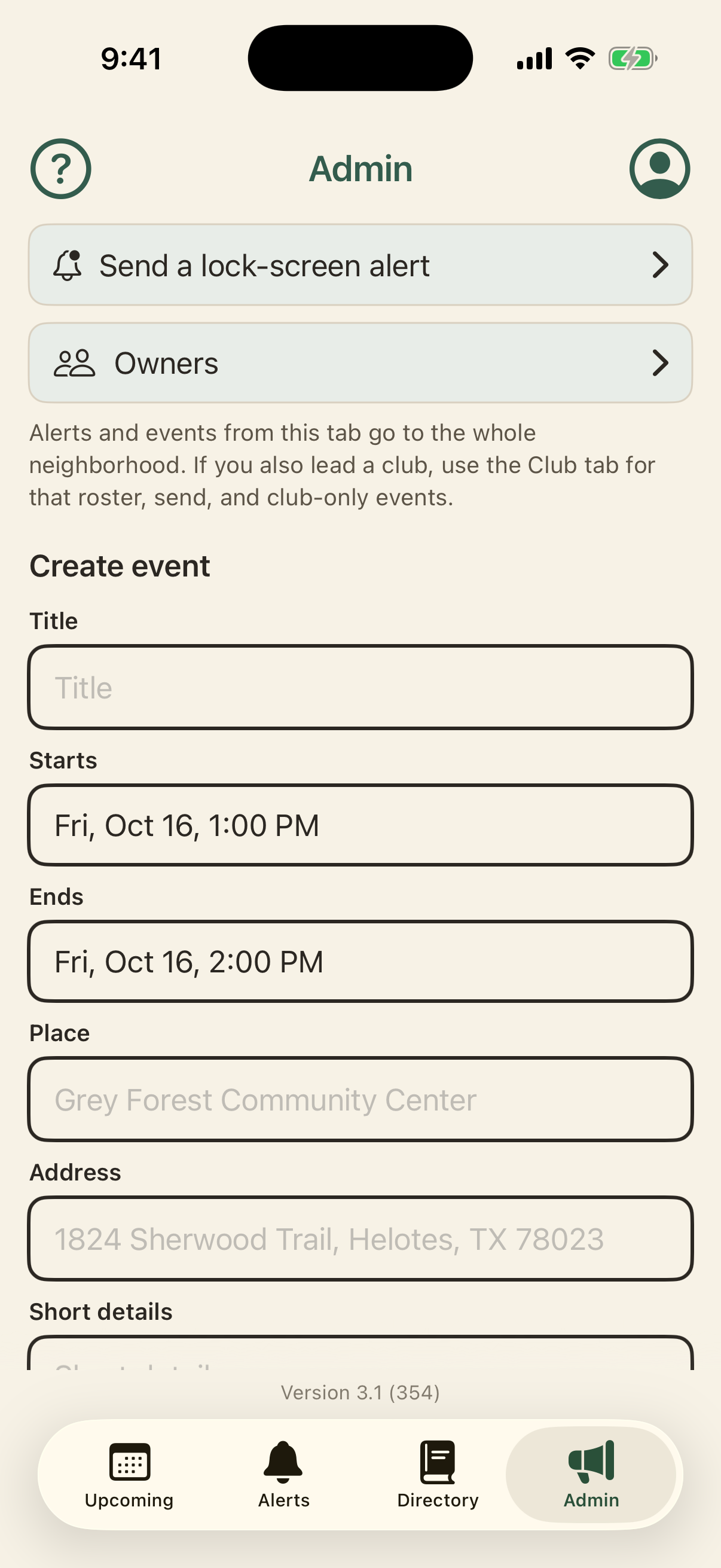 The phone Admin tab: Send a lock-screen alert, Owners, and Create event