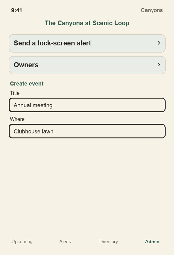 The Canyons app Admin tab with Send a lock-screen alert, Owners, and Create event