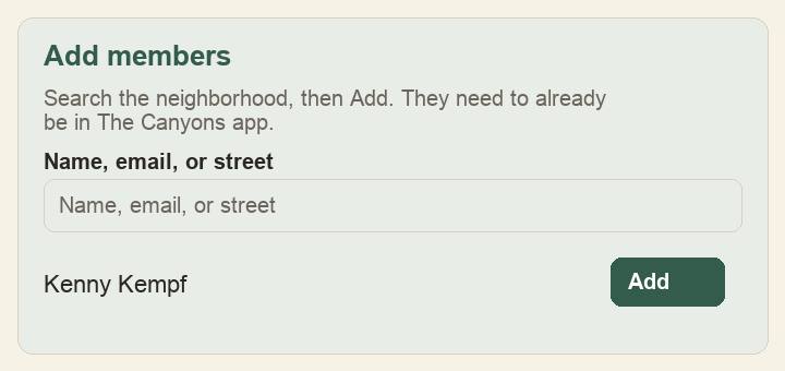 Add members search with an Add button next to a neighbor