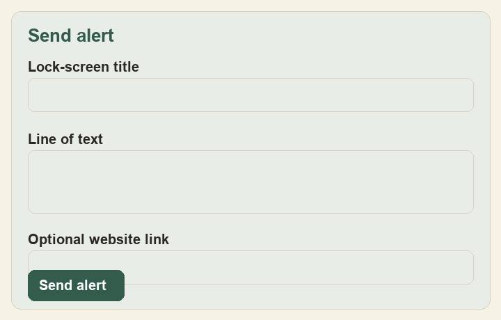 Send alert form with lock-screen title, line of text, and Send alert button