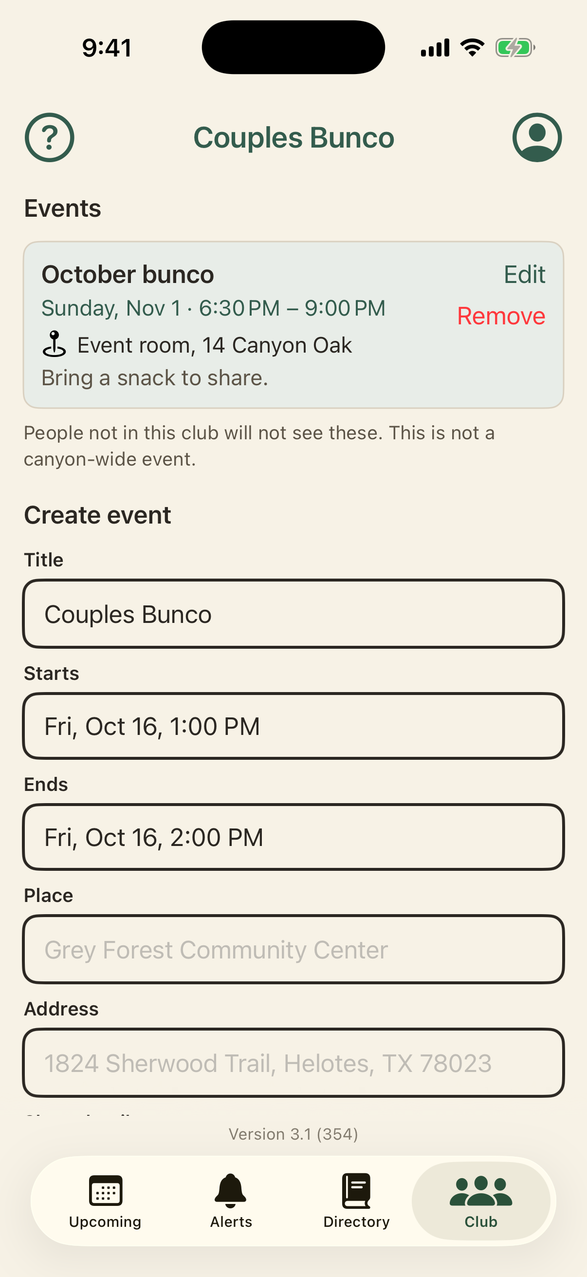 The phone Club tab, with Events and then Create event