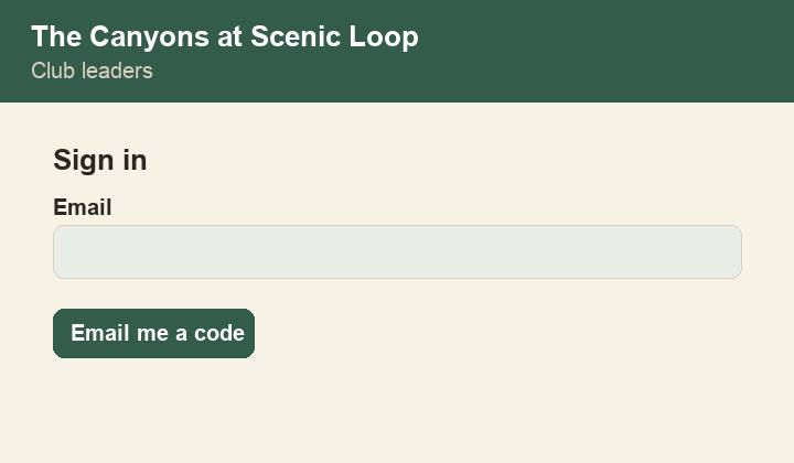 Club leaders sign-in screen with an email field and Email me a code button