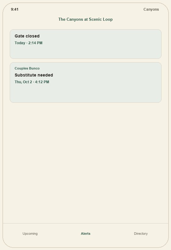 The Canyons app Alerts tab with a neighborhood notice and a club notice