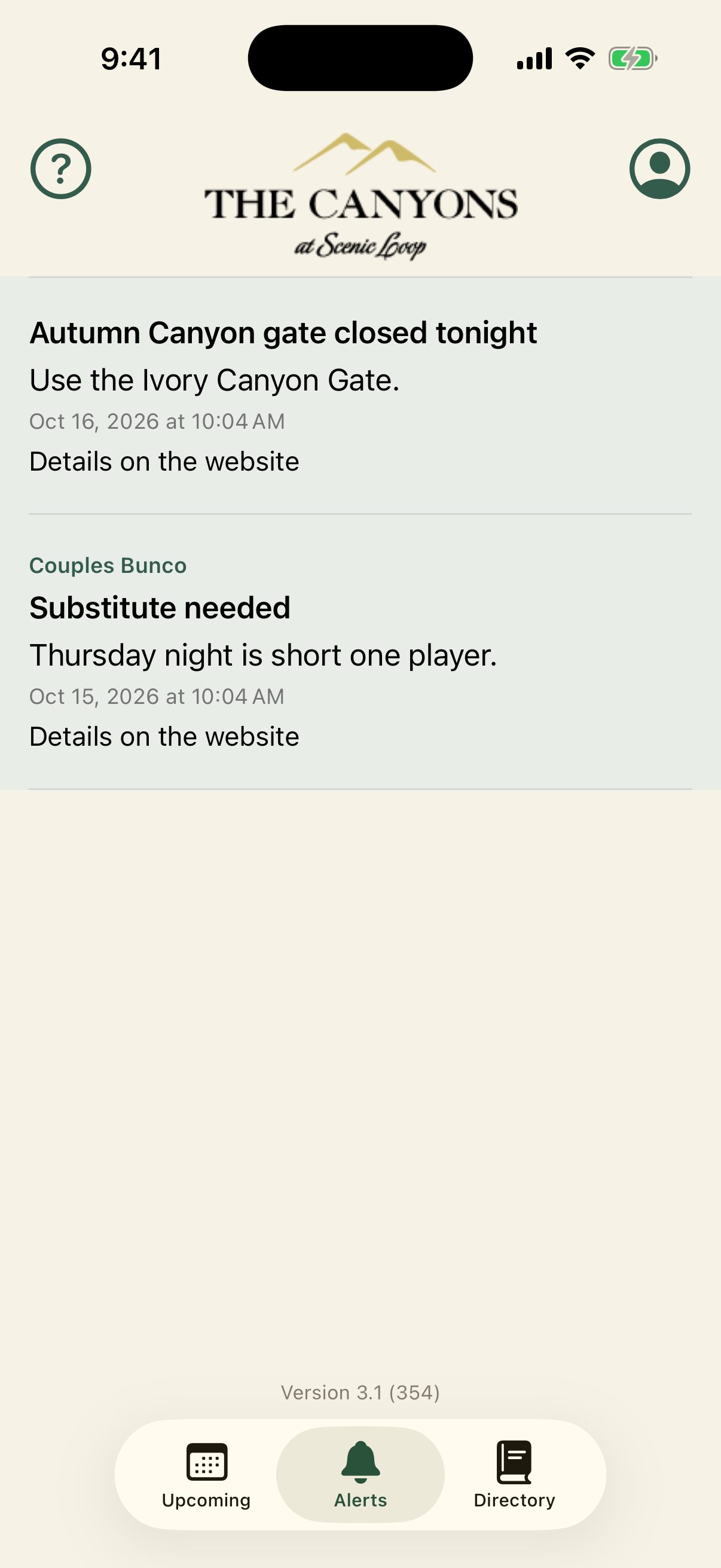 Alerts, with a neighborhood notice and a club notice
