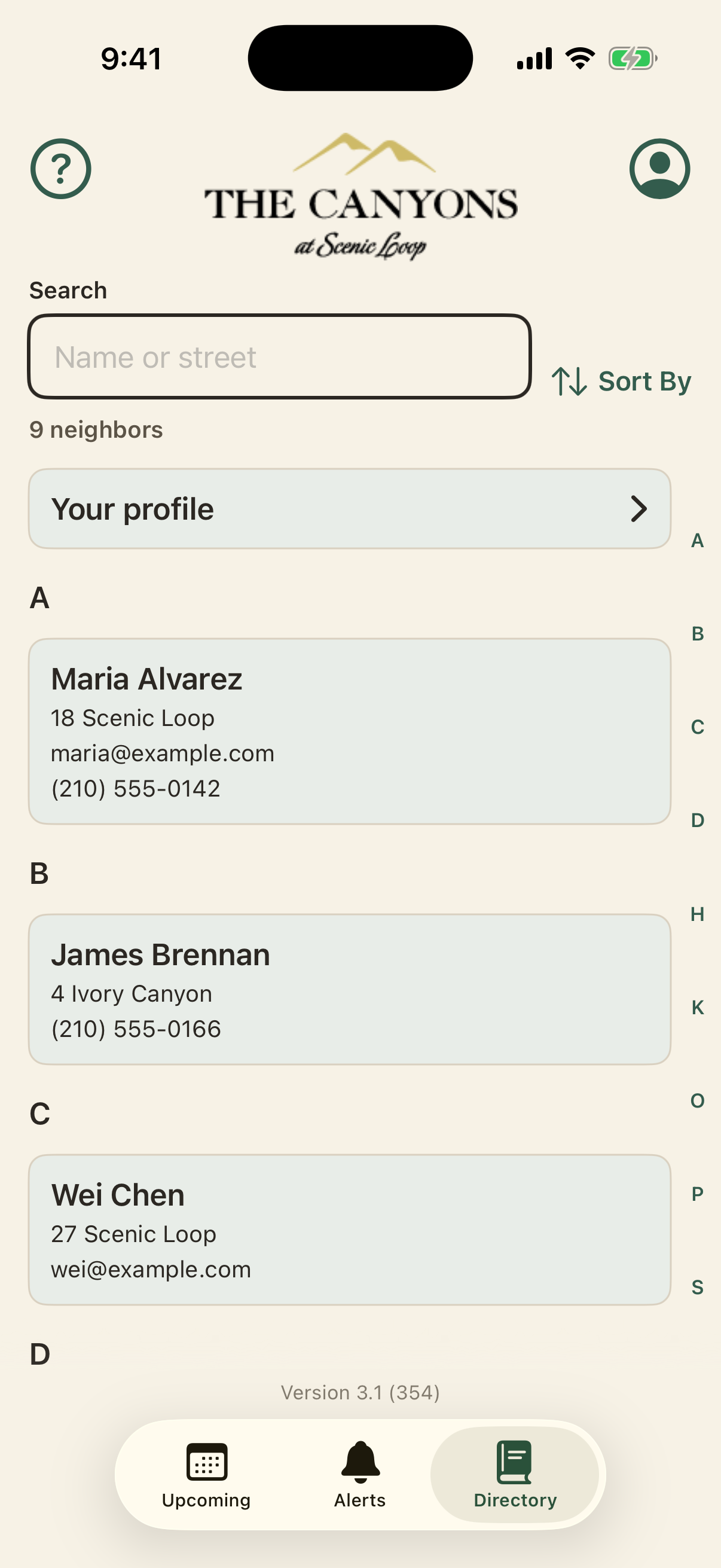 Directory, with Search, Sort By, and the letter groups