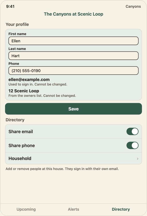 Your Profile with the Household row under the Directory switches