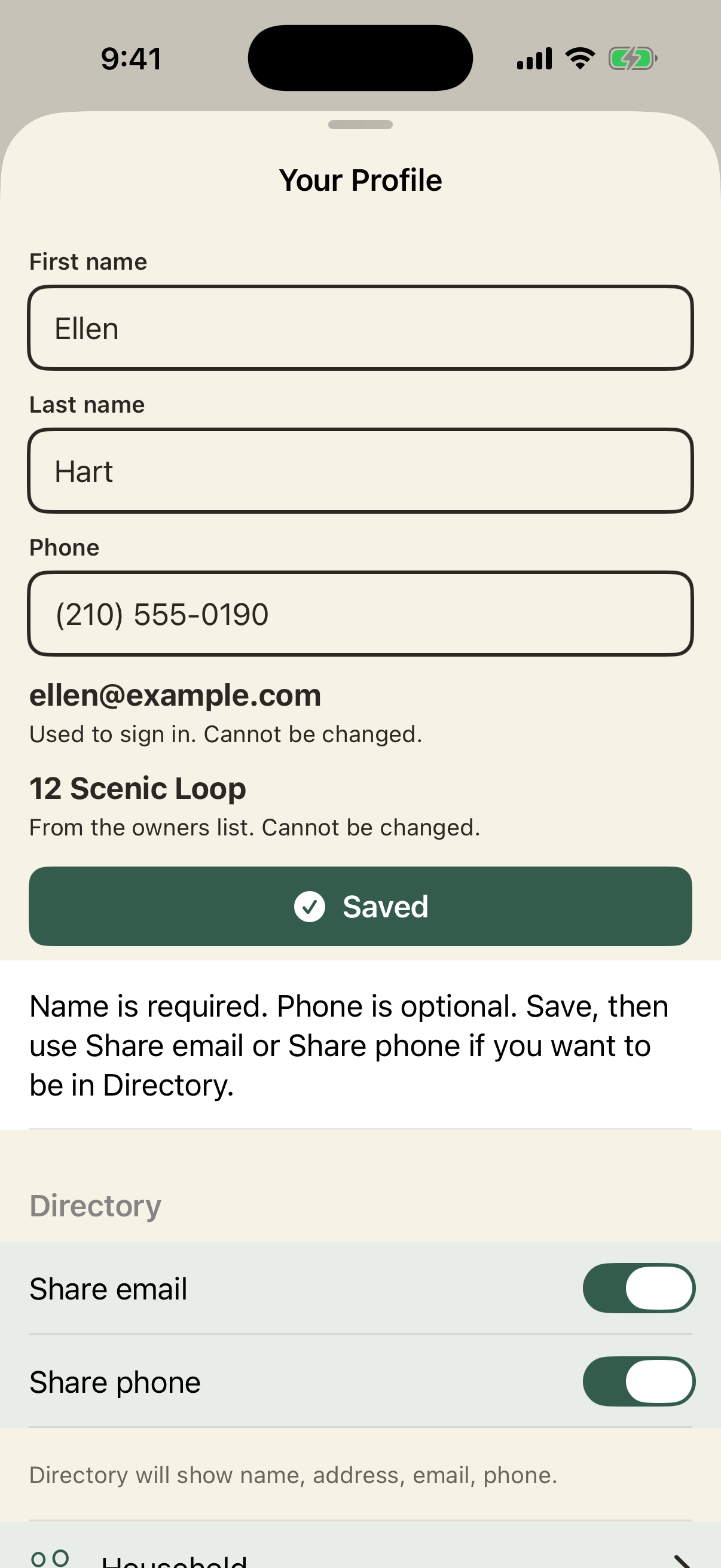Your Profile, with the name, the sign-in email, Share email, and Share phone