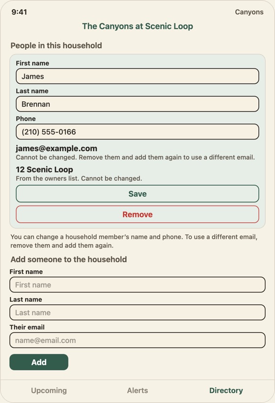 Household screen with James Brennan added and the form to add someone