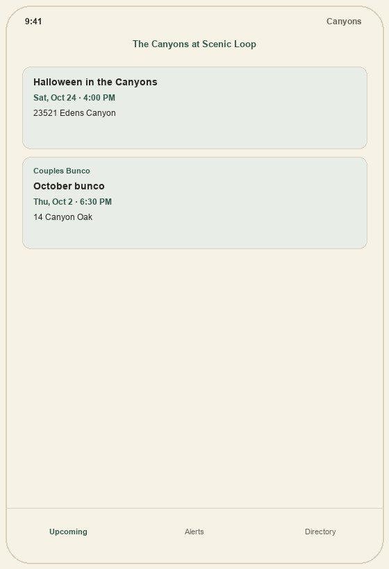 The Canyons app Upcoming tab with neighborhood and club events