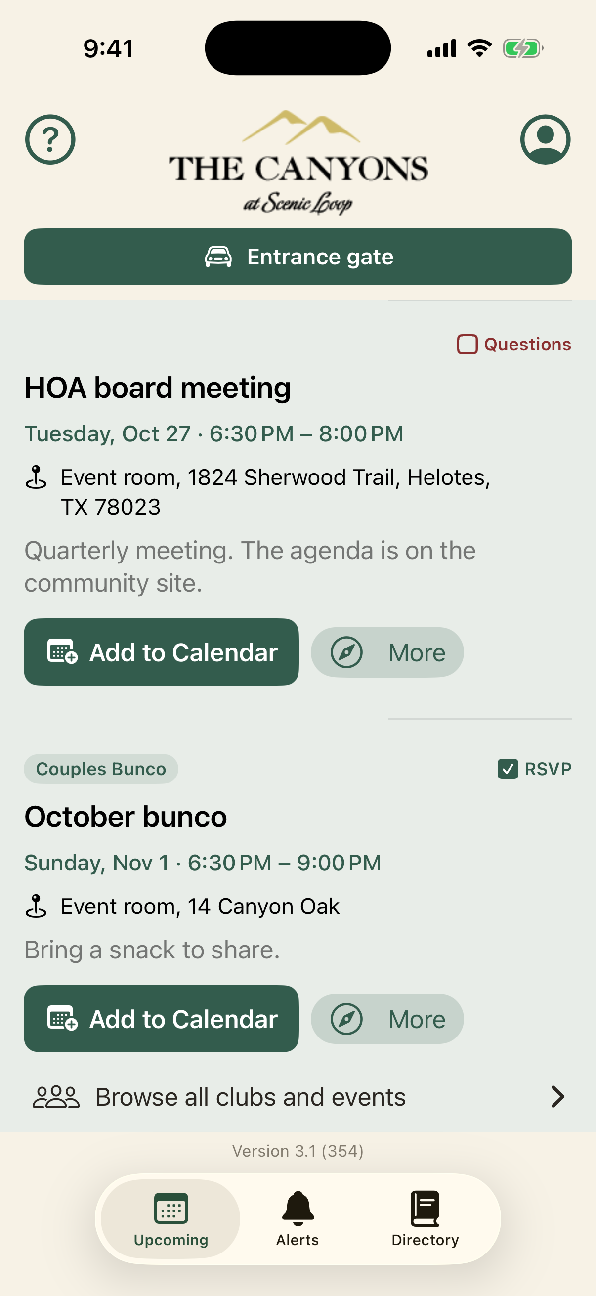 Upcoming, with the question mark, profile, a Questions chip, an answered RSVP, Add to Calendar, More, and Browse all clubs and events